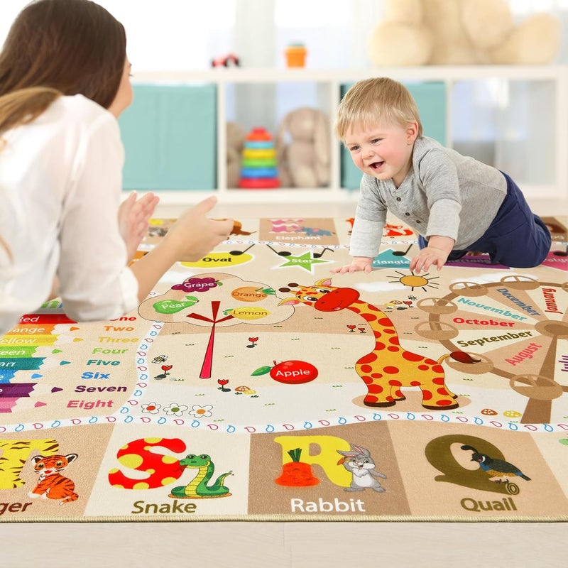 B BENRON Kids Rugs for Playroom Washable, Educational and Fun Learning Rugs with ABC Alphabet Animals Shapes, Baby Toddler Children's Play Mat for Bedroom Classroom Nursery, 3x5 Feet, Beige and Pink - Image 4
